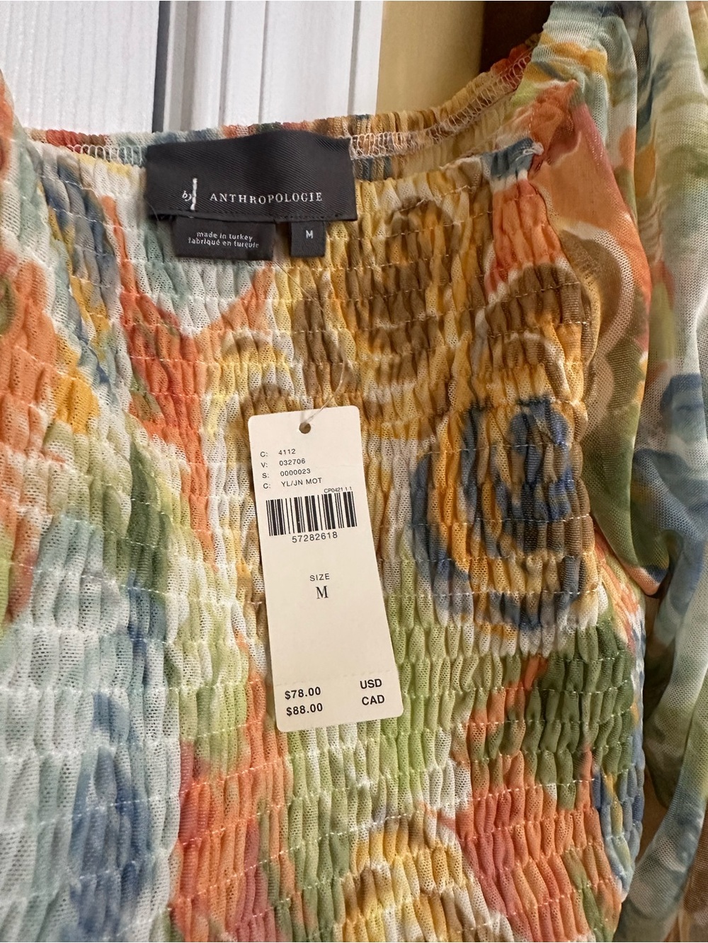NWT Anthropologie Watercolor Wave Smocked Blouse in Coral, Yellow & Blue